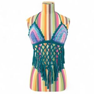 Handmade Crochet Pink Teal Blue Purple Festival Top Knit